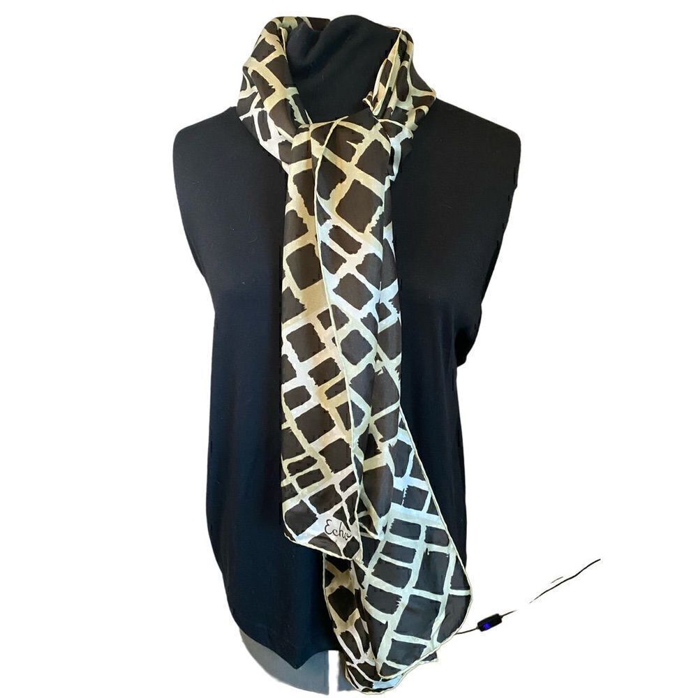 Echo long scarf white with brown abstract squares vintage
